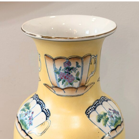 Vintage Large 12.5” HAND PAINTED Teacup Yellow VASE ORIENTAL ACCENTS Chinoiserie - Picture 2 of 11